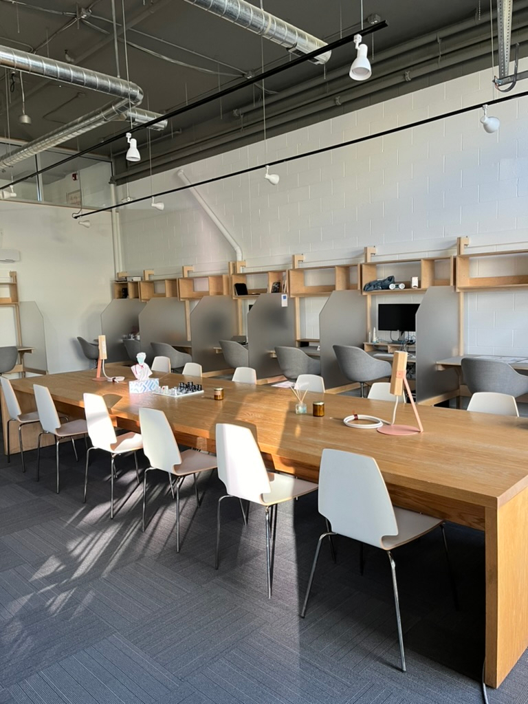 Roost studio — the oak table and premium desks in natural light